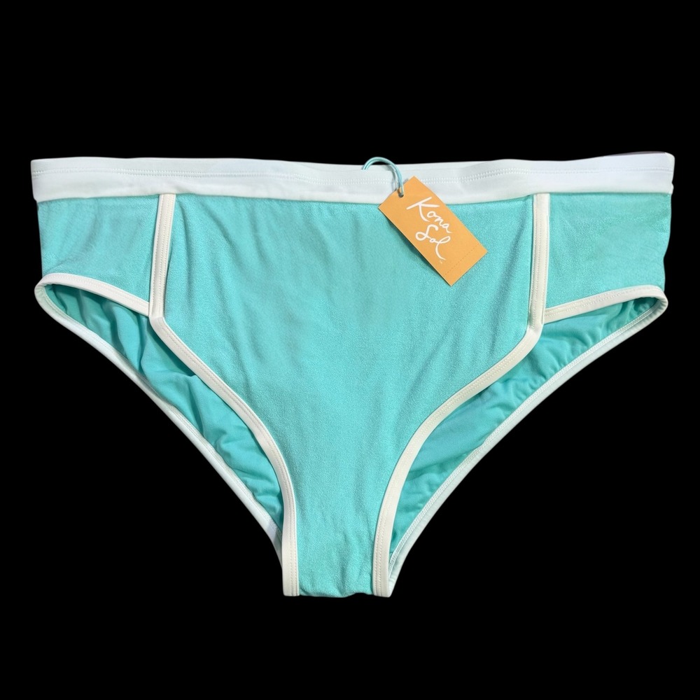 Kona Sol Turquoise High Waist Bikini Bottom White Trim 1X 16W-18W NEW